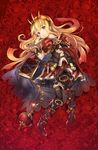  armor bangs belt blonde_hair boots bow bracelet brooch cagliostro_(granblue_fantasy) cape flower full_body granblue_fantasy hairband head_tilt highres jewelry kawakami_shuuichi knee_boots long_hair lying on_back parted_lips purple_eyes red_background red_bow red_cape red_skirt revision ring rose skirt solo spiked_hairband spikes test_tube thighhighs 