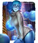  blue_hair blue_skin breasts denim denim_shorts glasses inside_out large_breasts lips looking_at_viewer nail_polish nudtawut_thongmai parted_lips realistic ribbed_sweater sadness_(inside_out) short_hair short_shorts shorts solo sweater tears thighs 