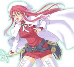  aty_(summon_night) belt blue_eyes boots cloak dress green_eyes hat hida_tatsuo long_hair red_hair ribbed_dress solo staff summon_night summon_night_3 thigh_boots thighhighs turtleneck 