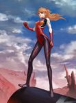  absurdres arm_at_side bangs blue_eyes bodysuit breasts cliff closed_mouth cloud cloudy_sky day entry_plug evangelion:_3.0_you_can_(not)_redo eyepatch floating_hair from_side full_body gloves hair_over_one_eye headgear highres holding legs_apart long_hair long_legs looking_to_the_side neon_genesis_evangelion orange_hair outdoors pilot_suit plugsuit rebuild_of_evangelion reisun001 ruins shikinami_asuka_langley shiny shiny_clothes skin_tight sky small_breasts solo souryuu_asuka_langley standing turtleneck two_side_up 