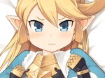  3: blonde_hair blue_eyes blush breastplate charlotta_fenia close-up dakimakura face gauntlets gold_trim granblue_fantasy jingai_modoki long_hair looking_at_viewer lying on_back pointy_ears puffy_short_sleeves puffy_sleeves short_sleeves solo v-shaped_eyebrows 