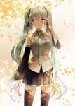  autumn autumn_leaves bad_id bad_pixiv_id detached_sleeves ginkgo green_eyes green_hair hair_ribbon hatsune_miku highres iven_(hongwenwen) long_hair necktie ribbon skirt solo thighhighs twintails very_long_hair vocaloid 