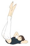  arms_behind_head barefoot brown_eyes brown_hair capri_pants expressionless feet_together full_body gake_no_ue_no_ponyo jas legs_together legs_up lisa_(ponyo) looking_at_viewer lying on_back pants shirt short_hair solo studio_ghibli white_background 