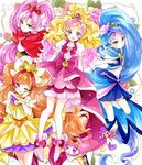  ;d akagi_towa amanogawa_kirara aroma_(go!_princess_precure) bad_id bad_pixiv_id bird blonde_hair blue_eyes blue_hair blue_skirt bow brown_hair crop_top cure_flora cure_mermaid cure_scarlet cure_twinkle dog earrings floral_background full_body gloves go!_princess_precure green_eyes haruno_haruka highres jewelry kaidou_minami long_hair magical_girl multicolored_hair multiple_girls one_eye_closed open_mouth pink_bow pink_eyes pink_hair pink_skirt precure puff_(go!_princess_precure) purple_eyes purple_hair quad_tails red_hair shoes skirt smile streaked_hair tsukiyo_(skymint) two-tone_hair yellow_skirt 