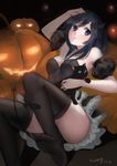  absurdres alternate_costume aragaki_ayase arm_up bare_shoulders black_dress black_eyes black_hair black_legwear black_panties cat demon_girl demon_horns demon_tail detached_sleeves dress halloween hand_on_head highres horns jack-o'-lantern kamachi_kamachi-ko long_legs ore_no_imouto_ga_konna_ni_kawaii_wake_ga_nai panties pantyshot pantyshot_(sitting) puffy_short_sleeves puffy_sleeves short_sleeves sitting solo strapless strapless_dress tail thighhighs thighs underwear 