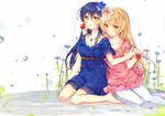  3: :o anemone_(flower) bangs barefoot blonde_hair blue_dress blue_flower blue_hair blush bow brown_hair dress finger_to_face flower frilled_dress frilled_sleeves frills hair_bow hair_flower hair_ornament hand_on_another's_cheek hand_on_another's_face hands_together holding_finger holding_hands jewelry long_hair looking_at_viewer love_live! love_live!_school_idol_project minami_kotori multiple_girls nail_polish pantyhose pendant pf red_flower see-through short_dress short_sleeves sitting smile sonoda_umi very_long_hair water_drop white_legwear yellow_eyes yokozuwari 