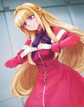  blonde_hair commentary_request dress gloves gundam gundam_tekketsu_no_orphans half_updo highres hime_cut kudelia_aina_bernstein long_hair purple_eyes red_dress removing_glove ribbon smile solo stdl very_long_hair 