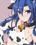  animal_ears animal_print bell bell_collar blue_hair collar commentary_request cow_bell cow_ears cow_horns cow_print elbow_gloves flat_chest gloves halter_top halterneck horns kazanari_tsubasa kuro_mushi long_hair looking_at_viewer purple_eyes senki_zesshou_symphogear shiny shiny_hair shiny_skin simple_background solo sweat upper_body 