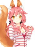  akino_(1i1i1i1i) animal_ears bare_shoulders blush bra breasts cleavage fate/extra fate_(series) fox_ears fox_tail hair_ribbon highres long_hair looking_at_viewer medium_breasts pink_bra pink_hair ribbon simple_background solo tail tamamo_(fate)_(all) tamamo_no_mae_(fate) twintails underwear white_background yellow_eyes 