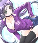  black_legwear blush breasts cleavage covered_nipples frapowa green_eyes jacket large_breasts long_hair love_live! love_live!_school_idol_project low_twintails purple_hair solo thighhighs toujou_nozomi track_jacket twintails 