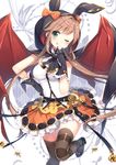  ;q animal_hood bat_wings black_gloves blush bow breasts brown_hair bunny_hood cape clarisse_(granblue_fantasy) gloves granblue_fantasy green_eyes hand_on_hip hood long_hair looking_at_viewer masuishi_kinoto medium_breasts navel one_eye_closed solo striped striped_legwear thighhighs tongue tongue_out wings 