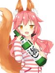 akino_(1i1i1i1i) alcohol animal_ears bare_shoulders blush bra breasts fate/extra fate_(series) fox_ears fox_tail hair_ribbon highres long_hair looking_at_viewer medium_breasts open_mouth pink_bra pink_hair ribbon sake saliva simple_background solo tail tamamo_(fate)_(all) tamamo_no_mae_(fate) twintails underwear white_background yellow_eyes 