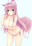  animal_ear_fluff animal_ears bikini breast_hold breasts cleavage covered_nipples eyebrows_visible_through_hair fox_ears fox_tail green_eyes highres large_breasts looking_at_viewer micro_bikini navel nipples original pink_hair revision see-through side-tie_bikini sogaya solo swimsuit tail 