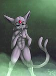  anthro bird&#039;s-eye_view blue_eyes breasts canine eeveelution espeon female fur gemstone high-angle_shot mammal mist nintendo nipples nude poisindoodles pok&eacute;mon purple_fur pussy solo theban_text video_games 