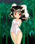  arms_behind_back black_hair blush brown_eyes inaba_tewi one-piece_swimsuit school_swimsuit smile solo swimsuit touhou white_school_swimsuit white_swimsuit winn 