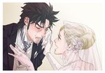  1girl black_hair blonde_hair blue_eyes border closed_eyes crying father_and_daughter flower gloves hair_bun hair_flower hair_ornament handkerchief hetero jewelry jojo_no_kimyou_na_bouken joseph_joestar_(young) kamonisi kuujou_holly necklace necktie pearl_necklace tears tuxedo white_border white_gloves 