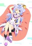  absurdres arm_up bike_shorts blue_eyes blue_hair chair convenient_leg dress full_body gloves hacka_doll hacka_doll_3 hand_on_own_stomach highres long_hair male_focus nigo_(aozoragarou) open_mouth otoko_no_ko sitting solo tears undershirt very_long_hair white_dress white_gloves 