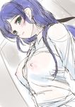  blue_eyes blush breasts collared_shirt covered_nipples frapowa green_eyes large_breasts light_frown long_hair looking_at_viewer love_live! love_live!_school_idol_project nipples purple_hair see-through shirt sketch solo toujou_nozomi upper_body white_shirt 