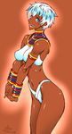  armlet bikini blue_eyes bracelet breasts caw=zoo cowboy_shot dark_skin dated elena_(street_fighter) highres interlocked_fingers jewelry lips midriff navel neck_ring perky_breasts short_hair sideways_mouth signature solo street_fighter street_fighter_iii_(series) swimsuit tankini v_arms very_dark_skin white_bikini white_hair 