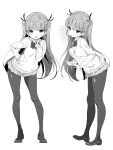  absurdres bangs bow bowtie breasts contrapposto eyebrows_visible_through_hair greyscale hair_ribbon highres leaning_forward loafers long_hair long_sleeves medium_breasts miniskirt monochrome multiple_views original pantyhose pleated_skirt ribbon school_uniform shoes skirt standing sweater takakura tongue tongue_out twintails 