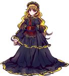  alternate_costume black_dress blonde_hair bow dress frills gothic_lolita headdress junko_(touhou) lolita_fashion long_hair long_sleeves looking_at_viewer red_eyes ribbon smile solo touhou uranaishi_(miraura) wide_sleeves 