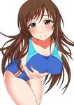  bent_over breasts brown_eyes brown_hair collarbone competition_swimsuit highres idolmaster idolmaster_cinderella_girls idolmaster_cinderella_girls_starlight_stage large_breasts long_hair looking_at_viewer nitta_minami one-piece_swimsuit simple_background smile solo swimsuit vox_(daisuke-vox-1068) white_background 