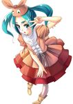  aqua_hair bad_id bad_pixiv_id blush boots bow dress eyebrows green_eyes hat monogatari_(series) no_legwear ononoki_yotsugi open_mouth rubber_boots short_hair solo twintails v v_over_eye white_background yamagami_mozuku 