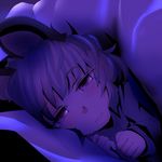  animal_ears bangs blanket blush clenched_hands commentary grey_hair ishikkoro looking_at_viewer lying mouse_ears nazrin night pajamas sleepwear solo touhou under_covers 