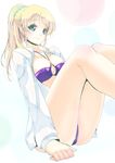  ayase_eli bikini blonde_hair blue_eyes blush breasts cutie_panther dress_shirt frapowa hair_ornament hair_scrunchie large_breasts long_hair love_live! love_live!_school_idol_project ponytail purple_bikini scrunchie shirt smile solo swimsuit 