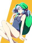  backpack bag blue_eyes blue_hair breasts food hair_bobbles hair_ornament hat highres kawashiro_nitori key looking_at_viewer nirap one-piece_swimsuit popsicle school_swimsuit sitting small_breasts solo swimsuit touhou twintails two_side_up 