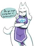  anthro big_breasts breasts caprine clothing crossed_arms dialogue english_text female fur horn long_ears mammal pose simple_background smile solo sparkydb text toriel undertale video_games white_fur 