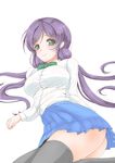 black_legwear breasts dress_shirt frapowa green_eyes large_breasts long_hair looking_at_viewer love_live! love_live!_school_idol_project low_twintails no_jacket purple_hair shirt simple_background skirt smile solo thighhighs toujou_nozomi twintails white_background 