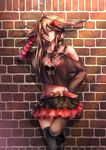  against_wall ahoge alternate_costume black_legwear blue_eyes braid breasts brick_wall brown_hair casual cowboy_shot earrings futari_no_sei hair_flaps hair_over_shoulder hand_in_hair heart highres huge_ahoge jewelry kantai_collection long_hair looking_at_viewer medium_breasts midriff miniskirt navel necklace parted_lips scratching_head shigure_(kantai_collection) single_braid skirt solo standing standing_on_one_leg thighhighs 