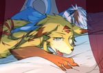  2015 alphina anthro bed blue_eyes blue_scales blue_skin brown_fur brown_hair canine claws dragon duo female fur hair half-closed_eyes hand_on_butt inside interspecies looking_at_viewer male male/female mammal markings multicolored_hair nude open_mouth red_eyes red_fur scales scalie sincrescent teeth tongue tongue_out two_tone_hair white_fur white_hair white_scales white_skin yellow_fur 