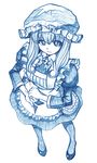  aoki_hagane_no_arpeggio apron bbb_(friskuser) blue hat highres long_hair maid maid_cap monochrome pantyhose simple_background solo vampire_(aoki_hagane_no_arpeggio) white_background 