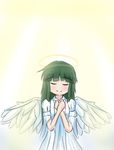  angel_wings blush green_hair halo hidamari_sketch long_hair matsuki_miyu smile solo wings yoshinoya 