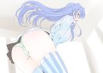  ass blue_hair blush frapowa leaning_forward long_hair love_live! love_live!_school_idol_project open_mouth panties solo sonoda_umi striped thighhighs underwear 