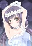  arm_up armpits blush breasts frapowa gloves green_eyes head_wreath long_hair looking_at_viewer love_live! love_live!_school_idol_project medium_breasts purple_hair smile solo toujou_nozomi white_gloves yume_no_tobira 