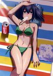  arm_at_side bangs between_breasts bikini black_hair blue_eyes blush brand_name_imitation breasts can cleavage coca-cola food food_on_body green_bikini hair_between_eyes hair_ribbon hand_on_own_forehead highres kantai_collection kuromayu large_breasts looking_at_viewer lying melting mouth_hold navel non-web_source nose_blush on_back popsicle ribbon shade shiny shiny_skin short_twintails side-tie_bikini soda_can solo souryuu_(kantai_collection) suggestive_fluid sunlight sweat swimsuit towel twintails 
