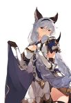  animal_ears armor braid breasts brown_eyes cape duoyuanjun elbow_gloves erune gauntlets gloves granblue_fantasy heles highres large_breasts long_hair revision silver_hair solo thighhighs very_long_hair zettai_ryouiki 