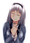  anna_nishikinomiya bangs black_choker black_hairband blunt_bangs blurry breasts choker closed_eyes commentary crying english_commentary facing_viewer hairband hands_together hands_up highres large_breasts long_hair matsuki_miyu school_uniform shimoneta_to_iu_gainen_ga_sonzai_shinai_taikutsu_na_sekai silver_hair simple_background solo tears tony_guisado upper_body w_arms white_background 