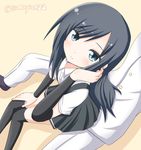  1girl adjusting_hair admiral_(kantai_collection) arm_warmers asashio_(kantai_collection) black_hair black_legwear blue_eyes commentary_request from_above kantai_collection long_hair looking_at_viewer pleated_skirt school_uniform shirt sitting sitting_on_lap sitting_on_person skirt smile suspenders tamayan thighhighs 