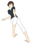  arm_rest barefoot brown_eyes brown_hair capri_pants foreshortening full_body gake_no_ue_no_ponyo hand_on_own_knee jas knee_up lisa_(ponyo) looking_at_viewer pants shirt short_hair smile solo studio_ghibli white_background 