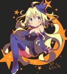  ahoge blonde_hair blue_eyes blush boots cat_hair_ornament cleavage_cutout commentary_request crescent dress elbow_gloves fingerless_gloves gloves hair_ornament halloween hand_on_own_cheek hat highres kuro_(kuroneko_no_kanzume) long_hair original smile solo star thigh_boots thighhighs witch witch_hat wristband 