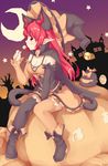  animal_ears bell black_dress black_legwear boots breasts brown_dress brown_legwear candy cape cat_ears cat_tail cleavage detached_sleeves dress extra_ears food halloween halloween_costume hat highres jack-o'-lantern kaenbyou_rin lollipop looking_at_viewer medium_breasts mismatched_legwear moon mouth_hold multicolored multicolored_clothes multicolored_dress multiple_tails pointy_ears psychopath_idiot red_hair reiuji_utsuho reiuji_utsuho_(bird) revision sitting sitting_on_object star tail thighhighs touhou witch_hat yukkuri_shiteitte_ne zettai_ryouiki 