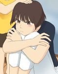  1girl blush brown_eyes brown_hair gake_no_ue_no_ponyo hand_on_another's_head jas leg_hug lisa_(ponyo) pants petting pout shirt short_hair shorts sitting sousuke_(ponyo) studio_ghibli tears 