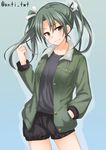  anti_(untea9) black_shirt black_shorts blue_background casual commentary green_eyes green_hair green_jacket hair_ornament hand_in_pocket highres jacket kantai_collection long_sleeves looking_at_viewer shirt shorts simple_background smug solo standing twintails twitter_username zuikaku_(kantai_collection) 