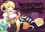  ayase_eli blonde_hair blue_eyes boots candy candy_cane cookie diagonal_stripes earrings food halloween hat jack-o'-lantern jewelry licking_lips lollipop love_live! love_live!_school_idol_project over-kneehighs ponytail sakuramochi_n sitting solo star star_earrings striped striped_background striped_legwear thighhighs tongue tongue_out trick_or_treat twitter_username underbust witch_hat wrist_cuffs 