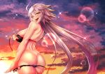  ass bikini bikini_pull black_bikini breasts cloud evening fate/grand_order fate_(series) from_behind highres jeanne_d'arc_(alter_swimsuit_berserker) jeanne_d'arc_(fate)_(all) large_breasts lens_flare long_hair looking_at_viewer looking_back nakamura_tenjin o-ring o-ring_bottom orange_sky outdoors sharp_teeth shiny shiny_hair shiny_skin sky solo standing sunset swimsuit teeth tongue tongue_out undressing wading wet white_hair yellow_eyes 