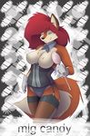  2015 big_breasts big_hair breasts c4camel candy canine clothed clothing corset female fluffy_tail food fox fur hair half-dressed legwear mammal mig_candy mlg necktie orange_fur panties pinup pose red_hair smile solo starfighter stockings topless underwear white_fur 
